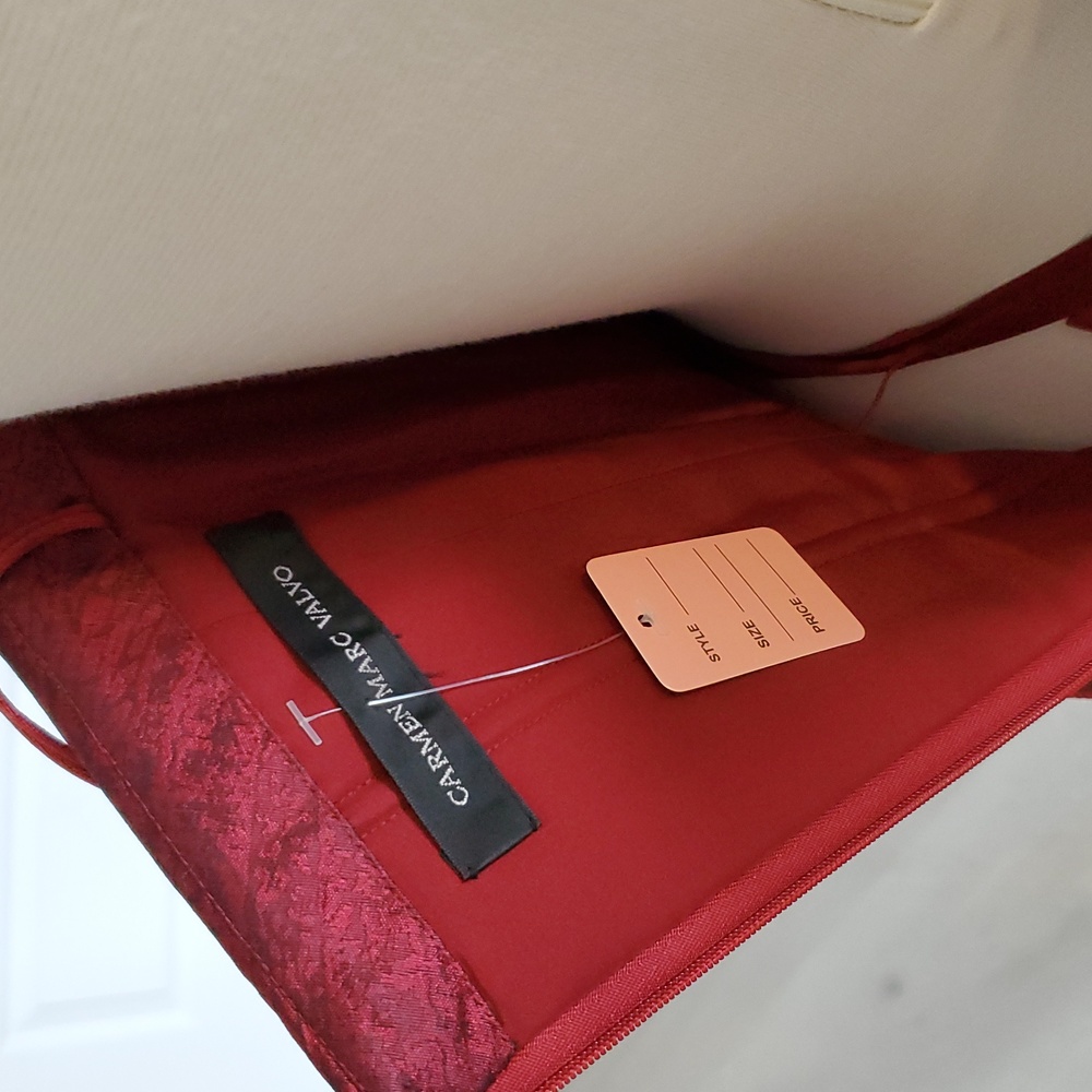 Carmen Marc Valvo Burgundy Strapless Cocktail Dress with Sheer Scarf - Picture 8 of 13